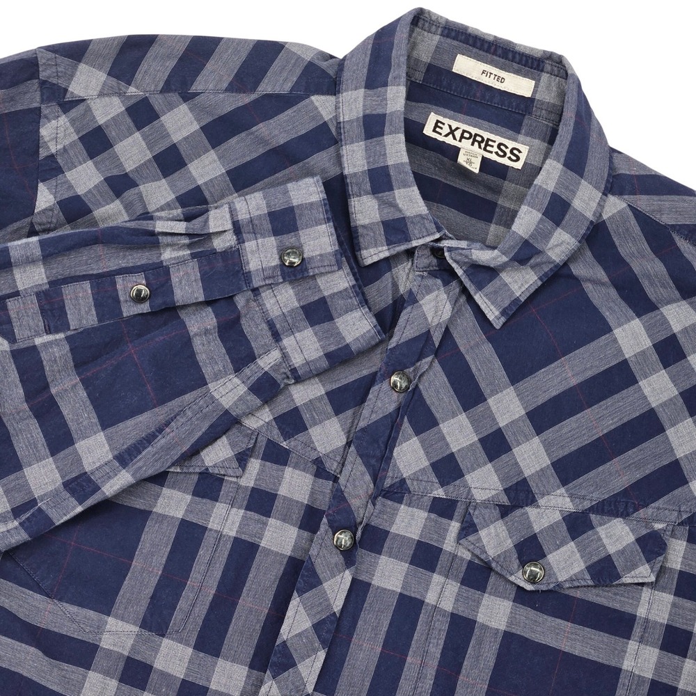 Express XL Fitted Plaid Western Pearl Snap Button Down Shirt Mens Navy & Grey